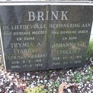 BRINK Johannes F. 1916-1979 &amp; Thymia A. VAN NIEKERK 1919-1974