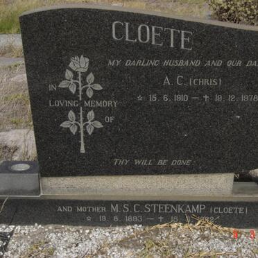 CLOETE A.C. 1910-1978 :: STEENKAMP M.S.C. nee CLOETE 1893-1962