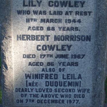 COWLEY Herbert Morrison -1967 &amp; Lily -1944 :: COWLEY Winifred Leila nee DUQUEMIN -1977