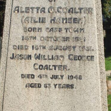 COALTER Jason William George -1946 &amp; Aletta M. HANSEN 1881-1921