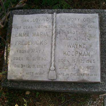 FREDERICKS Emma Maria nee MAY 1890-1967 :: KOOPMAN Wayne 1965-1967