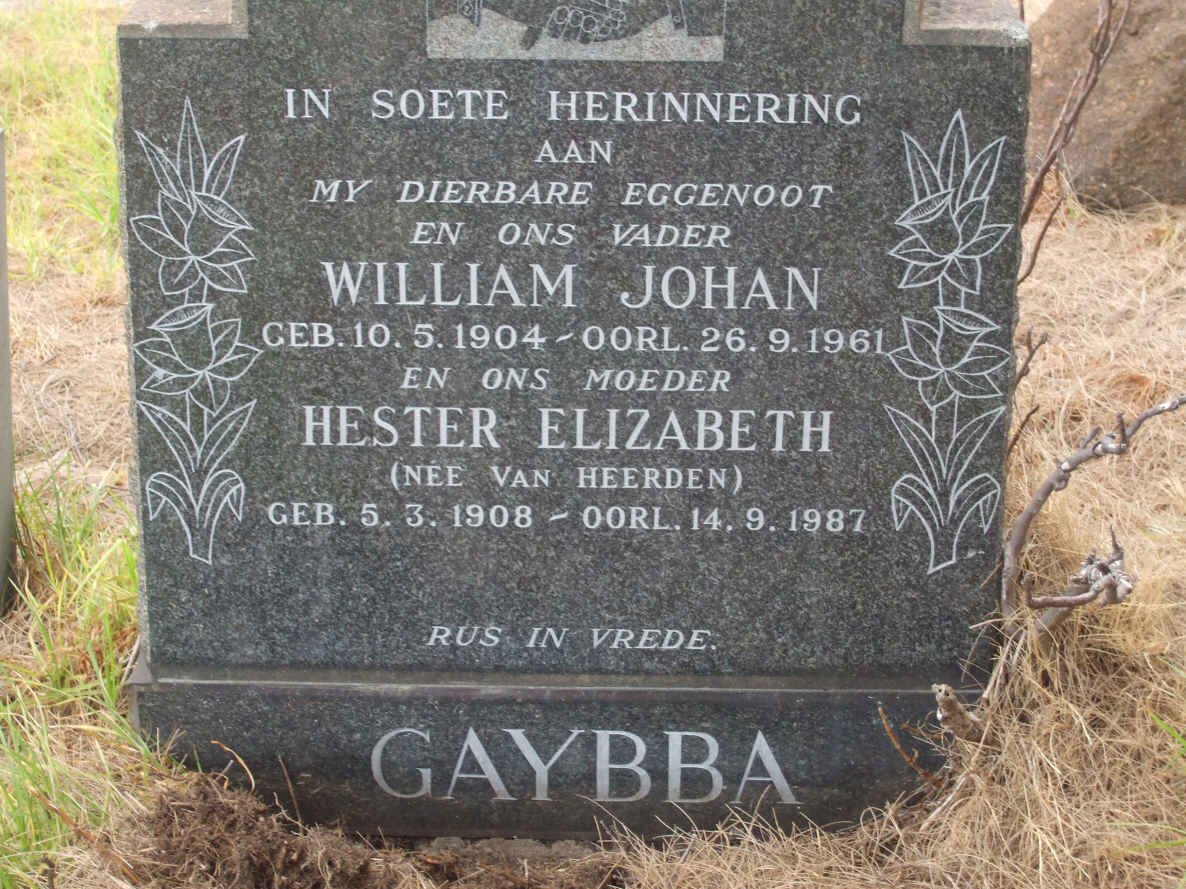 GAYBBA William Johan 1904-1961 &amp; Hester Elizabeth VAN HEERDEN 1908-1987