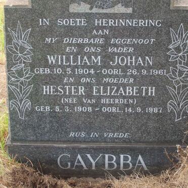 GAYBBA William Johan 1904-1961 &amp; Hester Elizabeth VAN HEERDEN 1908-1987