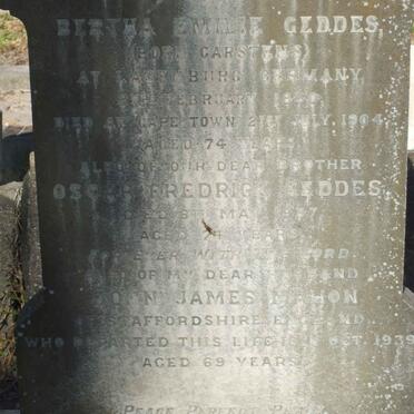 GEDDES Bertha Emilie nee CARSTENS 1830-1904 :: GEDDES Oscar Fredrick -1937 :: MAHON John James 1939