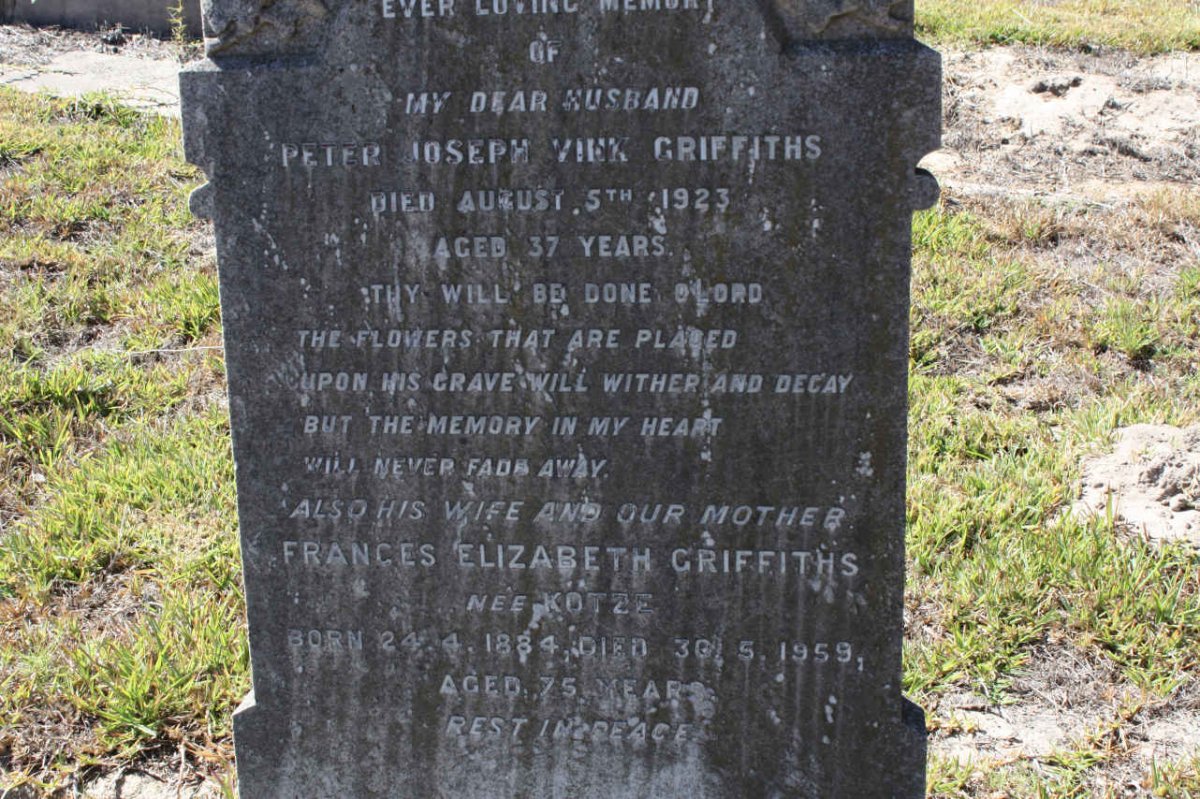 GRIFFITHS Peter Joseph Viek -1923 &amp; Frances Elizabeth KOTZE 1884-1959