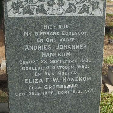 HANEKOM Andries Johannes 1889-1953 &amp; Eliza F.W. GROBBELAAR 1896-1967