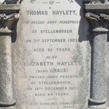 HAYLETT Thomas -1903 &amp; Elizabeth GRACE -1925