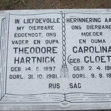 HARTNICK Theodore 1897-1981 &amp; Carolina CLOETE 1907-1983