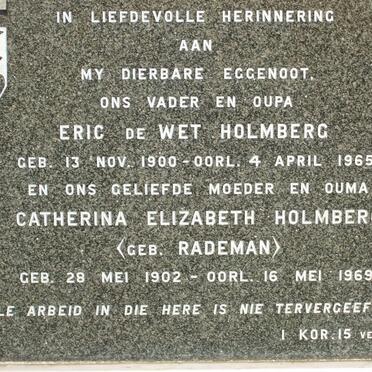 HOLMBERG Eric de Wet 1900-1965 &amp; Catharina Elizabeth RADEMAN 1902-1969