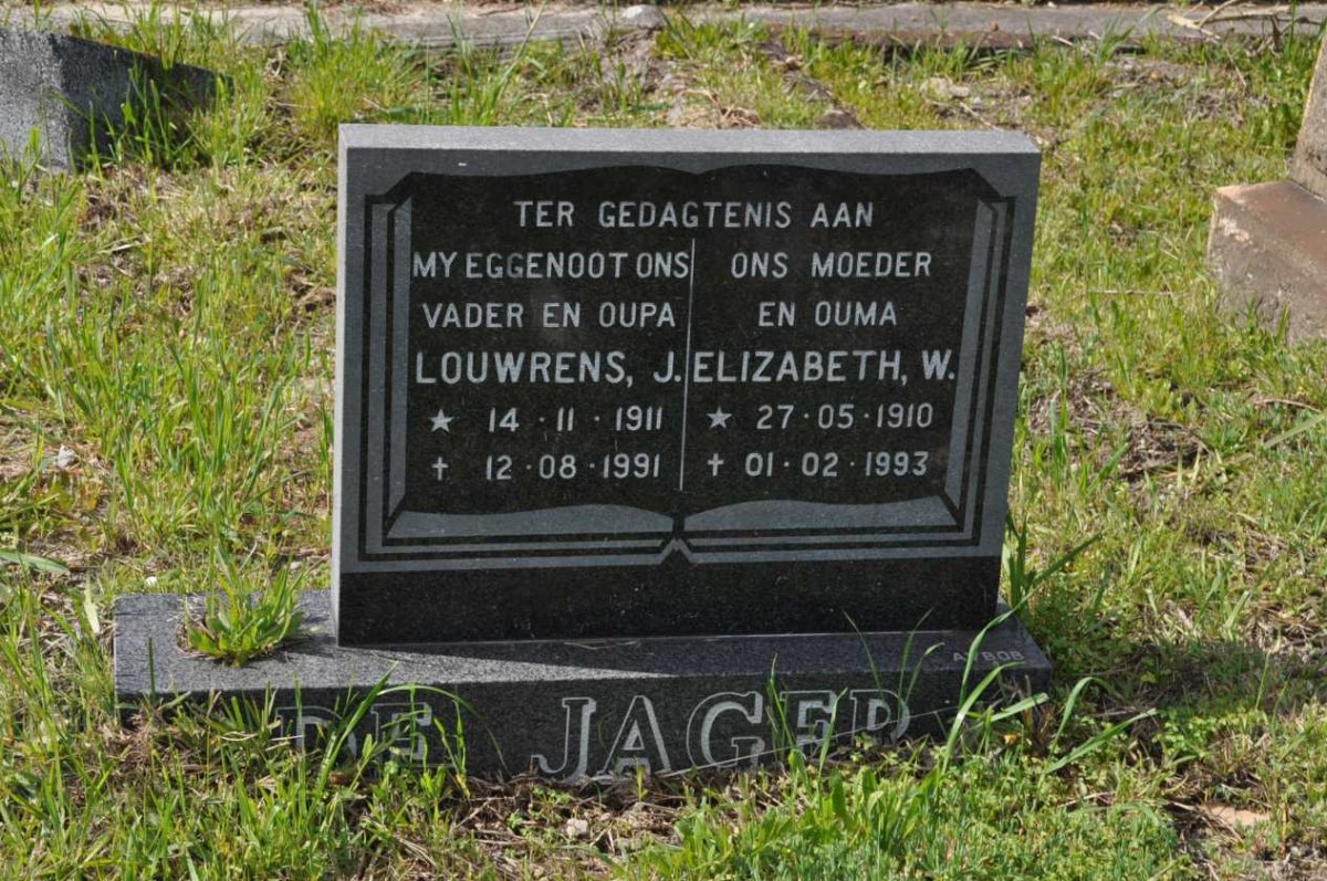 JAGER Louwrens J., de 1911-1991 &amp; Elizabeth W. 1910-1993