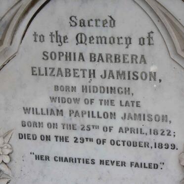 JAMISON Sophia Barbera Elizabeth nee HIDDINGH 1822-1899 