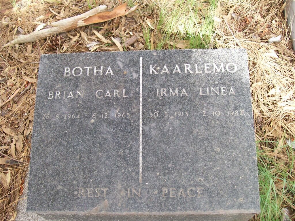 KAARLEMO Irma Linea 1913-1982 ::  BOTHA Brian Carl 1964-1965