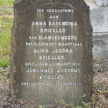 KRIEGLER Anna Barendina nee BLANKENBERG -1882 :: KRIEGLER Alida Jacoba -1892 :: KRIEGLER Johannes Jacobus -1928
