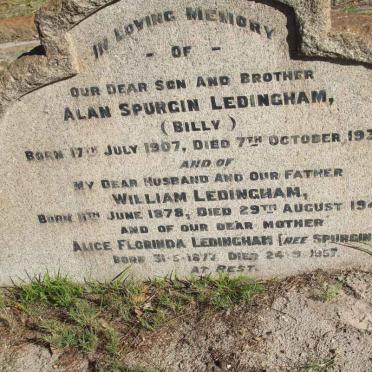 LEDINGHAM Alan Spurgin 1907-1936 :: LEDINGHAM William 1878-1942 &amp; Alice Florinda SPURGIN 1877-1957