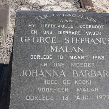 MALAN George Stephanus -1958 &amp; Johanna Barbara DE KOCK formerly MALAN -1977