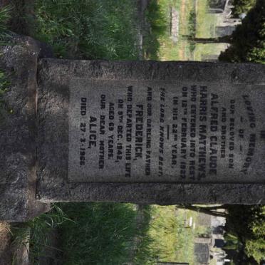 MATTHEWS Frederick -1942 &amp; Alice -1966 :: MATTHEWS Alfred Claude Harris -1927