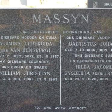 MASSYN Babtistus Johannes 1886-1968 &amp; Jacomina Gertruida VAN RENSBURG 1899-1967