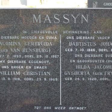 MASSYN Babtistus Johannes 1886-1968 &amp; Jacomina Gertruida VAN RENSBURG 1899-1967