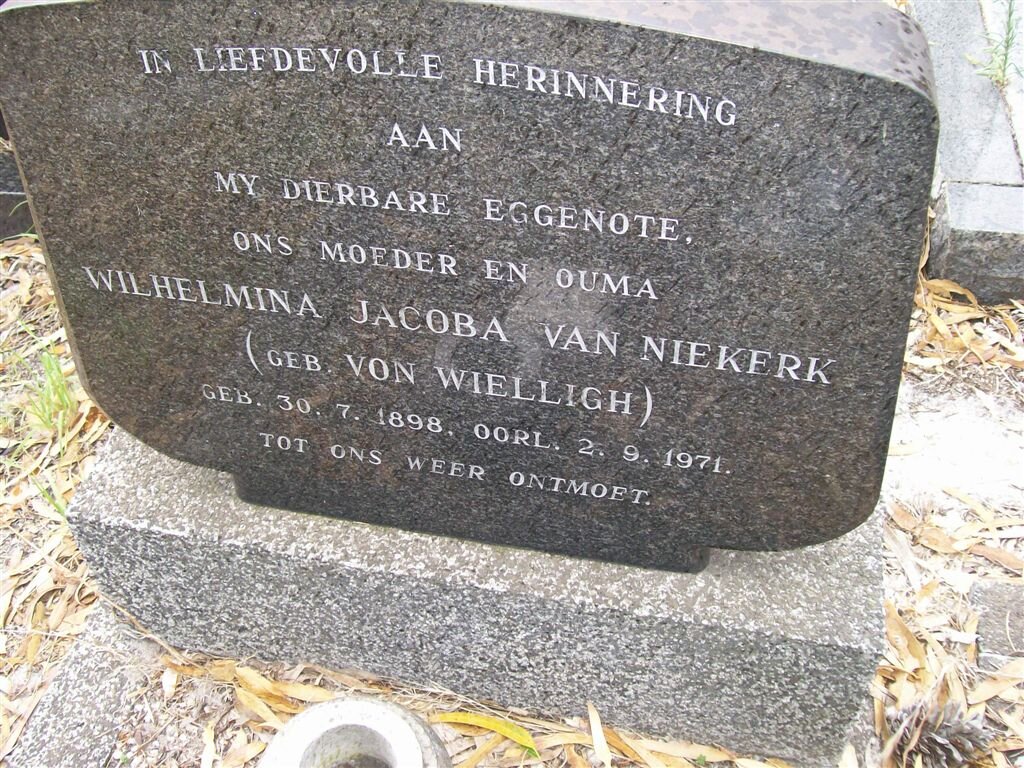 NIEKERK Wilhelmina Jacoba, van nee VON WIELLIGH 1898-1971