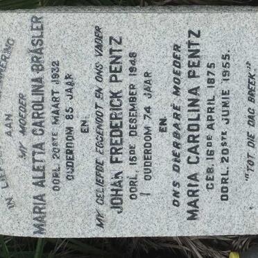 PENTZ Johan Frederick -1948 &amp; Maria Carolina 1875-1955 :: BRÄSLER Maria Aletta Carolina -1932