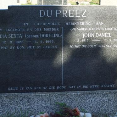 PREEZ John Daniel, du 1915-2003 &amp; Lydia Sexta DORFLING 1925-1966