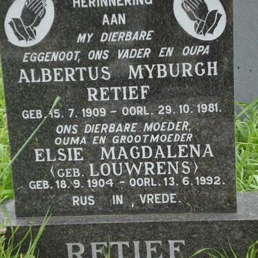 RETIEF Albertus Myburgh 1909-1981 &amp; Elsie Magdalena LOUWRENS 1904-1992