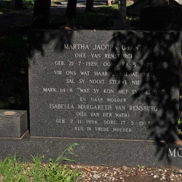 RENSBURG Isabella Margareth, van nee VAN DER WATH 1894-1982 :: GRANT Martha Jacoba nee VAN RENSBURG 1929-1975