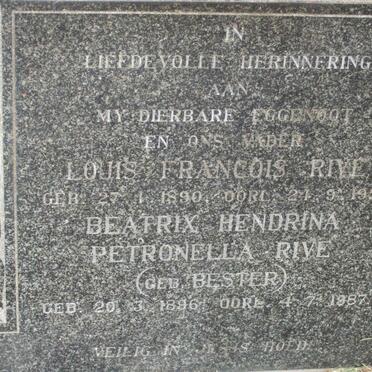 RIVE Louis Francois 1890-1958 &amp; Beatrix Hendrina Petronella BESTER 1896-1987