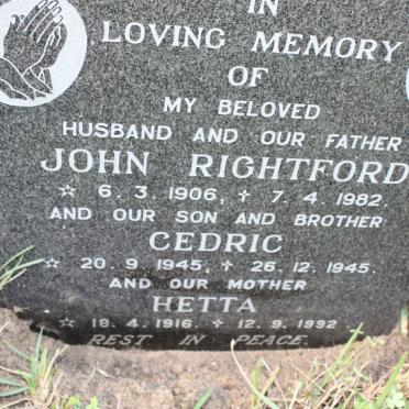 RIGHTFORD John 1906-1982 &amp; Hetta 1916-1992 :: RIGHTFORD Cedric 1945-1945