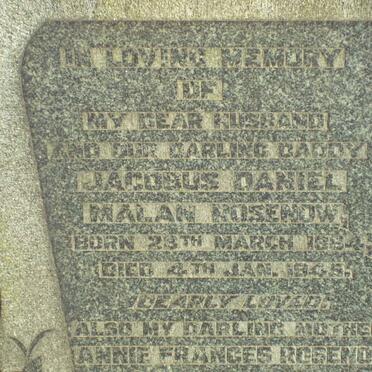 ROSENOW Jacobus Daniel Malan 1864-1945 &amp; Anne Frances