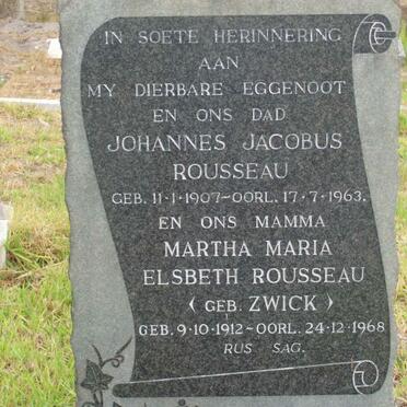 ROUSSEAU Johannes Jacobus 1907-1963 &amp; Martha Maria Elsbeth ZWICK 1912-1968