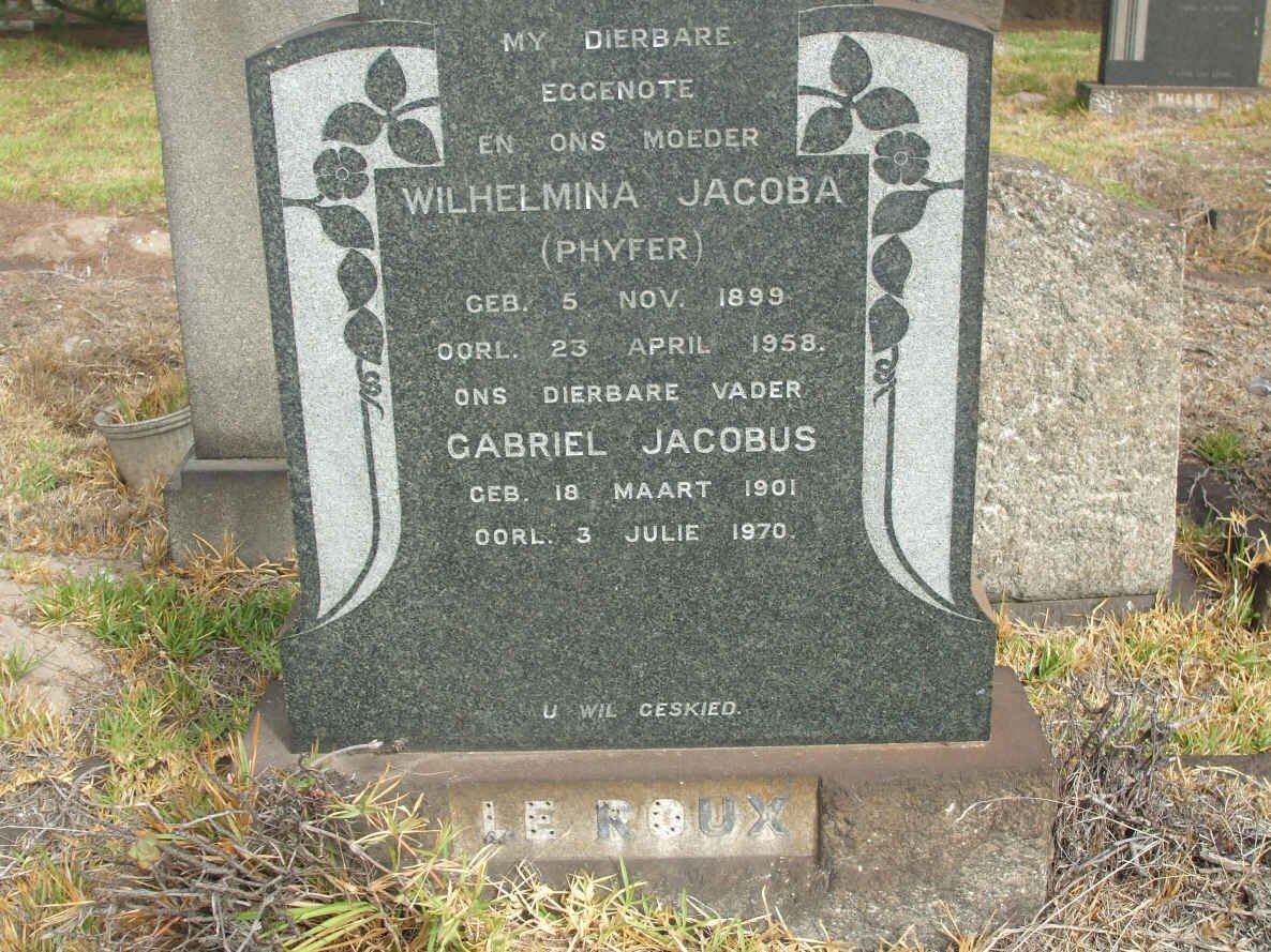 ROUX Gabriel Jacobus, le 1901-1970 &amp; Wilhelmina Jacoba PHYFER  1899-1958