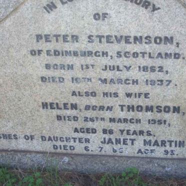 STEVENSON Peter 1862-1937 &amp; Helen THOMSON -1951 :: LE ROUX Janet Martin -1985