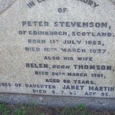 STEVENSON Peter 1862-1937 &amp; Helen THOMSON -1951 :: LE ROUX Janet Martin -1985