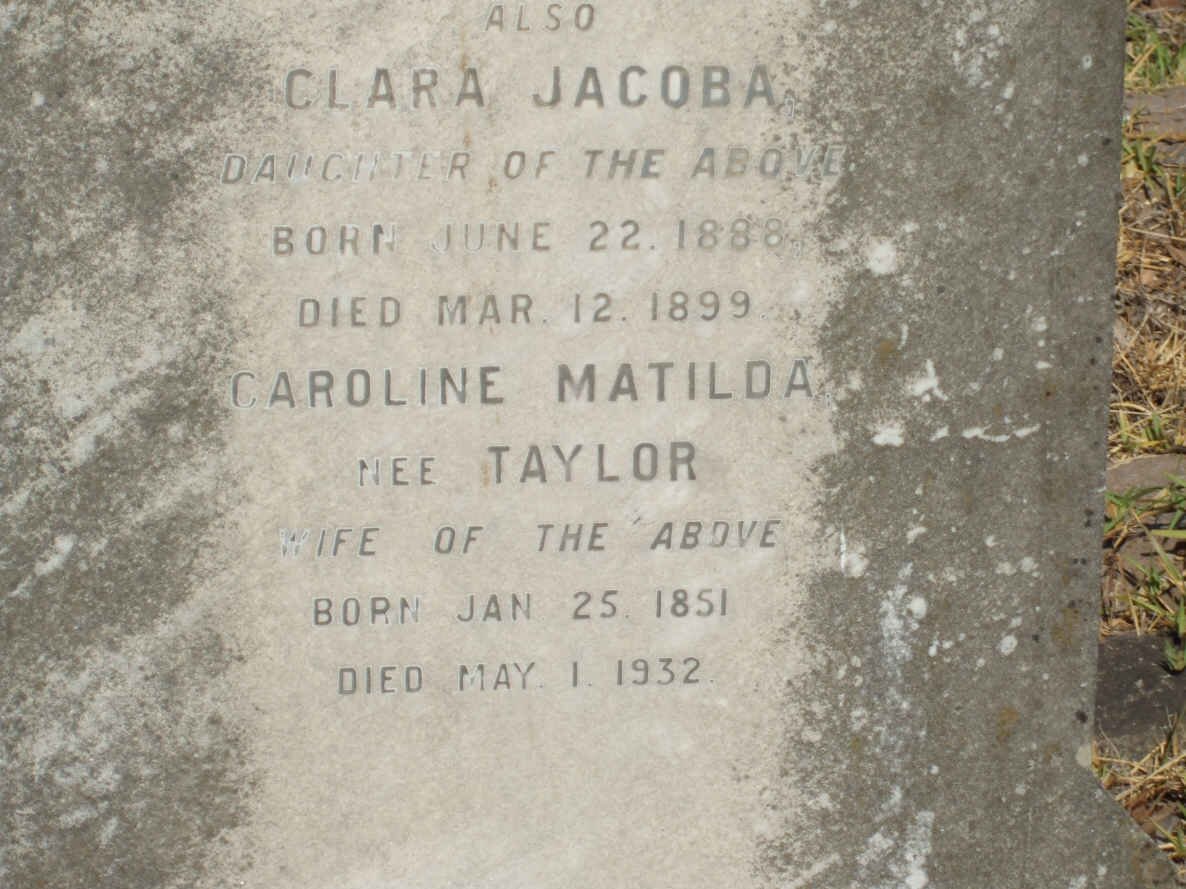 SCHNUGH Caroline Matilda nee TAYLOR 1851-1932 :: SCHNUGH Clara Jacoba 1888-1899