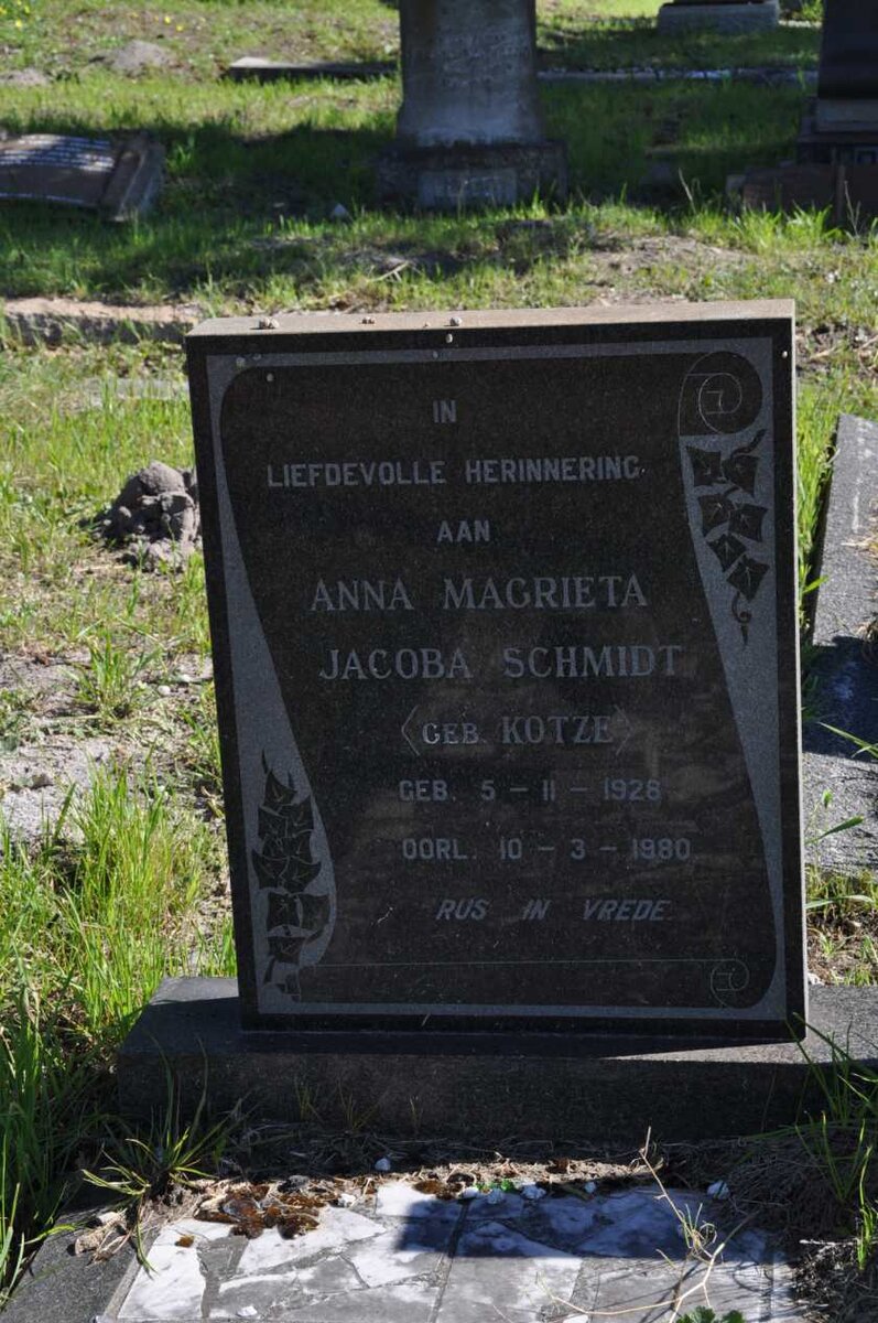 SCHMIDT Anna Magrieta Jacoba nee KOTZE 1928-1980