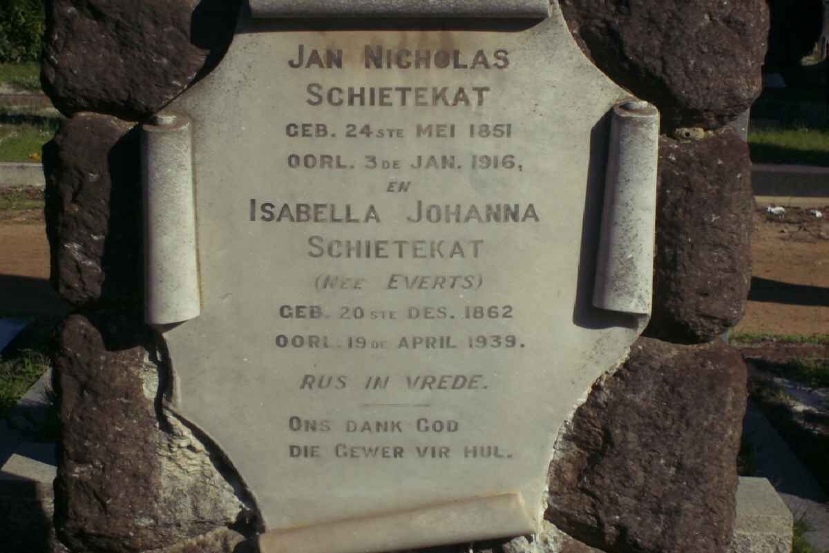 SCHIETEKAT Jan Nicholas 1851-1916 &amp; Isabella Johanna EVERTS 1862-1939