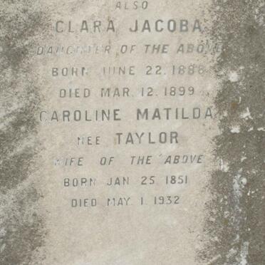 SCHNUGH Caroline Matilda nee TAYLOR 1851-1932 :: SCHNUGH Clara Jacoba 1888-1899