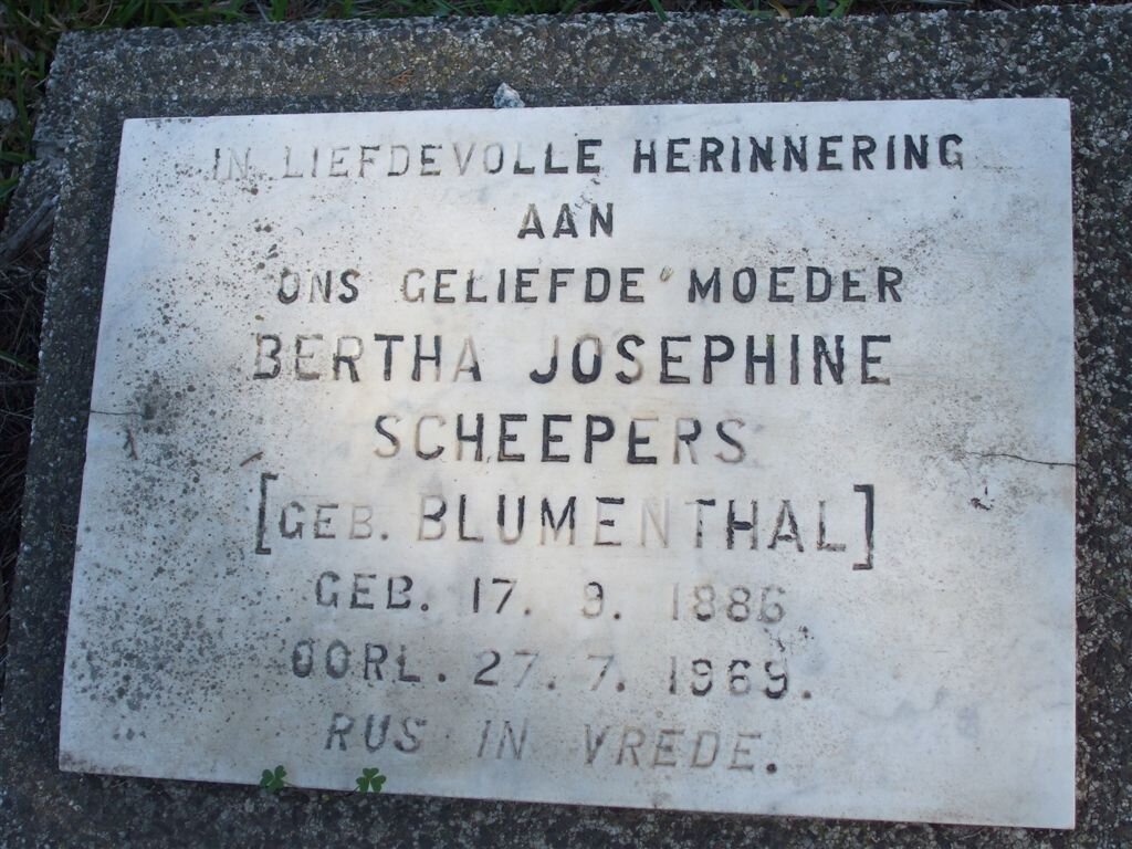 SCHEEPERS Bertha Josephine nee BLUMENTHAL 1886-1969