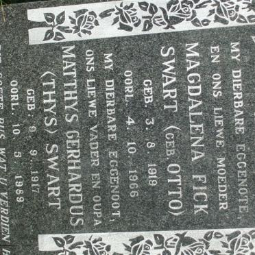 SWART Matthys Gerhardus 1917-1989 &amp; Magdalena Fick OTTO 1919-1966