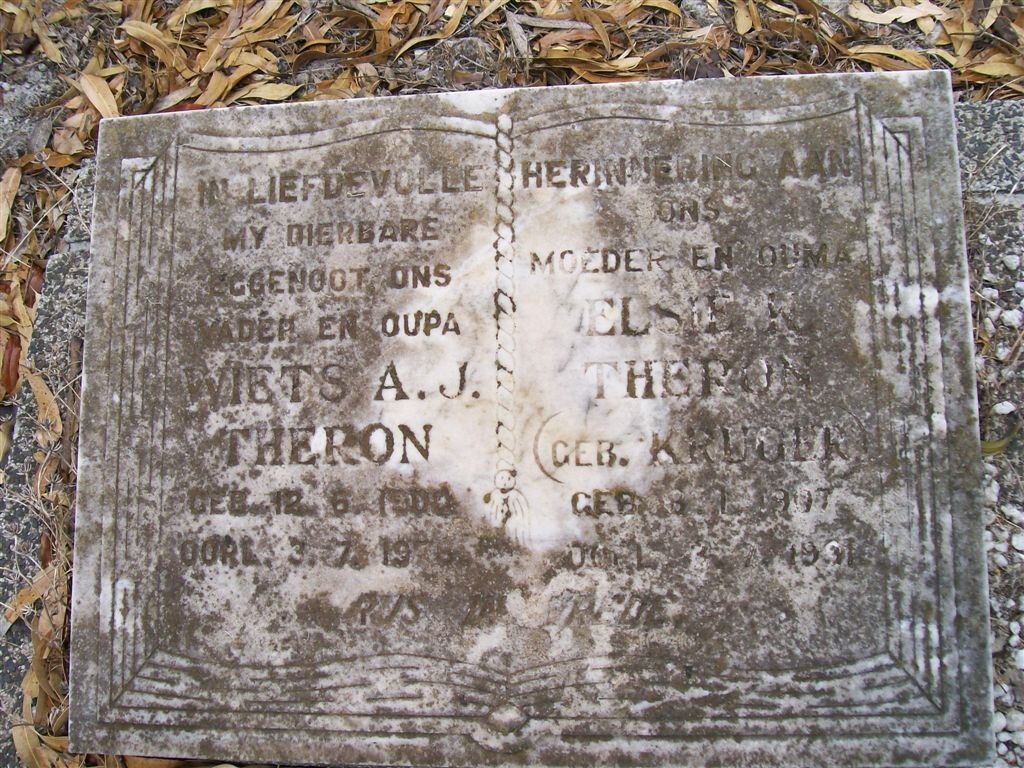 THERON Wiets A.J. 1900-1978 &amp; Elsie K. KRUGER 1907-1981