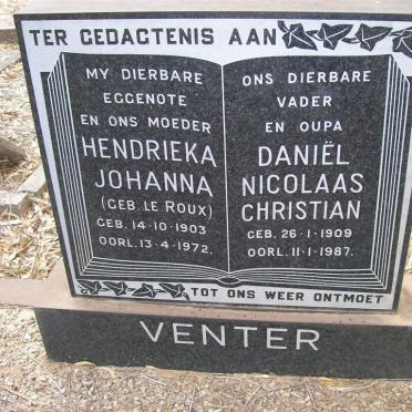 VENTER Daniel Nicolaas Christian 1909-1987 &amp; Hendrieka Johanna LE ROUX 1903-1972