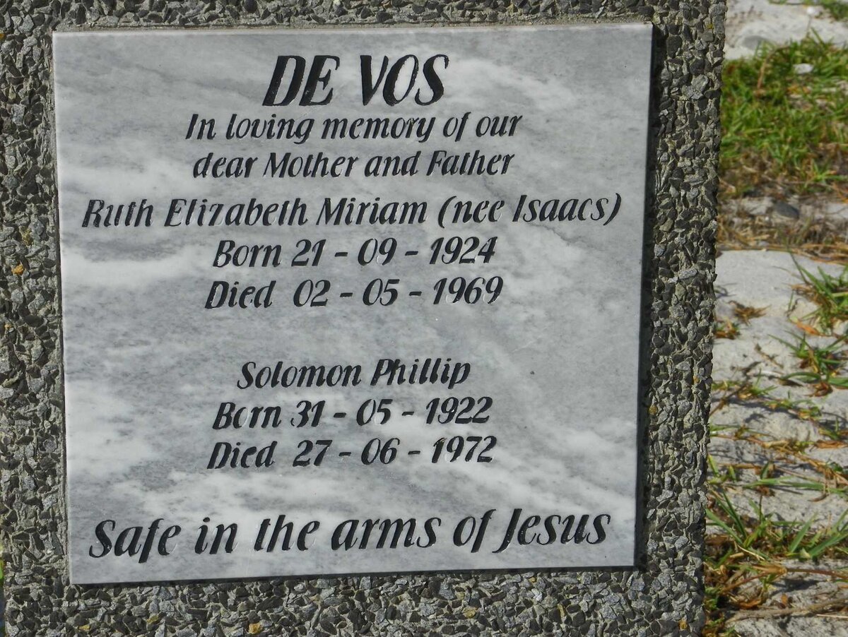 VOS Solomon Phillip, de 1922-1972 &amp; Ruth Elizabeth Miriam ISAACS 1924-1969