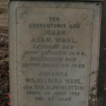 WAHL Johan Adam 1844-1902 &amp; Johanna Wilhelmina VAN BLOMMENSTEIN -1932
