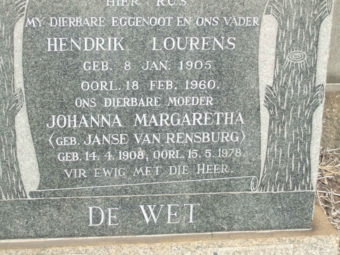 WET Hendrik Lourens, de 1905-1960 &amp; Johanna Margaretha JANSE VAN RENSBURG 1908-1978