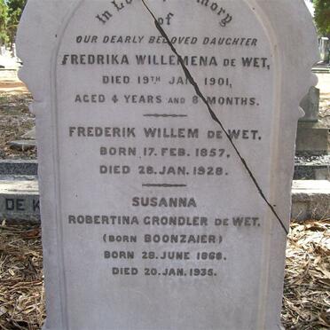WET Frederik Willem, de 1857-1928 &amp; Susanna Robertina Grondler BOONZAIER 1868-1935 ::  DE WET Fredrika Willemena -1901