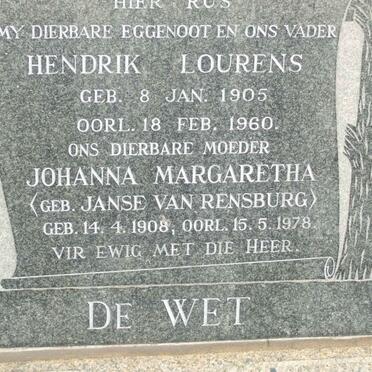 WET Hendrik Lourens, de 1905-1960 &amp; Johanna Margaretha JANSE VAN RENSBURG 1908-1978