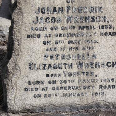 WRENSCH Johan Frederick Jacob 1833-1913 &amp; Petronella Elizabeth VORSTER 183?-1913 