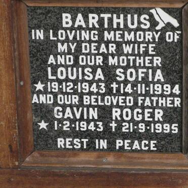 BARTHUS Gavin Roger 1943-1995 &amp; Louisa Sofia 1943-1994