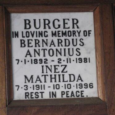 BURGER Bernardus Antonius 1892-1981 &amp; Inez Mathilda 1911-1996